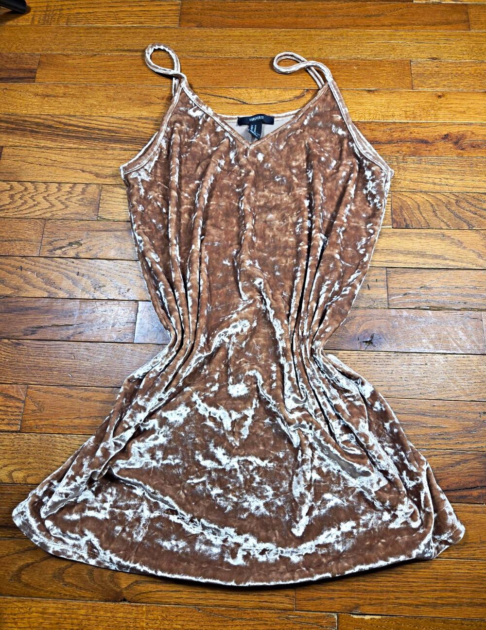 Forever 21 Crushed Velvet Mini Dress M Brown Taupe Slip 90s Y2K Grunge
